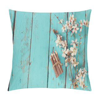 Personality  Image Of Spring White Cherry Blossoms Tree Next To Wooden Colorful Pencils On Blue Wooden Table Pillow Covers