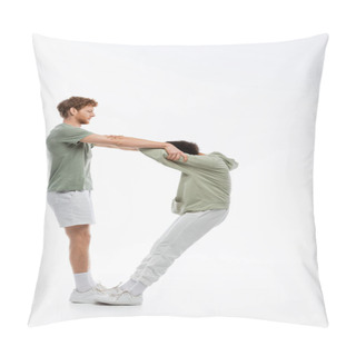 Personality  Side View Of Multiethnic Couple Showing D Letter With Hands On White Background  Pillow Covers