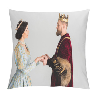 Personality  Side View Of Queen And King With Crowns Holding Hands Isolated On Grey  Pillow Covers