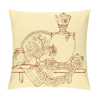 Personality Vector Sketch A Still Life With Samovar, Bagels And Jam Pillow Covers