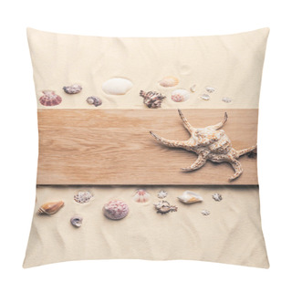 Personality  Large Seashell On Wooden Pier On Sandy Beach  Pillow Covers