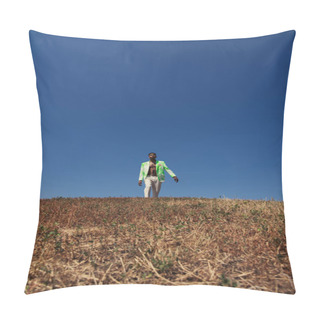 Personality  Trendy African American Man Walking In Meadow Under Blue And Clear Sky  Pillow Covers