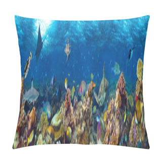 Personality  Underwater Coral Reef Landscape Super Wide Banner Background  In The Deep Blue Ocean With Colorful Fish And Marine Life Pillow Covers