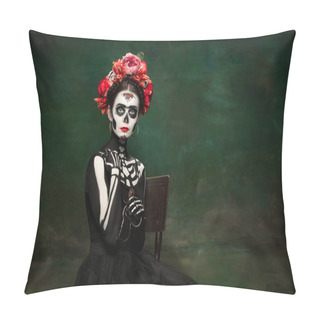 Personality  Young Girl In The Image Of Santa Muerte, Saint Death Or Sugar Skull With Bright Make-up. Portrait Isolated On Studio Background. Pillow Covers