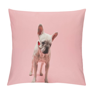 Personality  White French Bulldog With Red Heart On Muzzle And Black Nose On Pink Background Pillow Covers