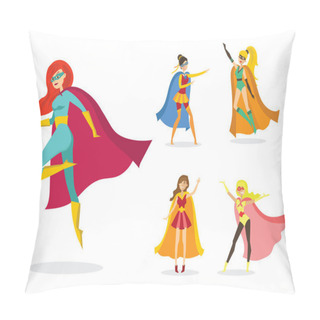 Personality  Vector Illustration In Flat Design Of Female Superheros In Funny Comics Costume Isolated On The White Background Pillow Covers