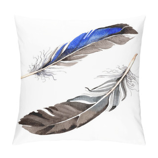 Personality  Watercolor Blue And Black Bird Feather From Wing Isolated. Aquarelle Feather For Background. Watercolour Drawing Fashion. Isolated Feathers Illustration Element. Pillow Covers