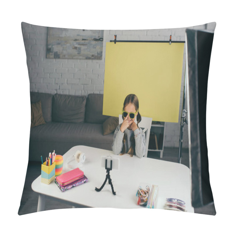 Personality  Cheerful Girl In Sunglasses Recording Video Blog Near Different Accessories On Yellow Background At Home Pillow Covers