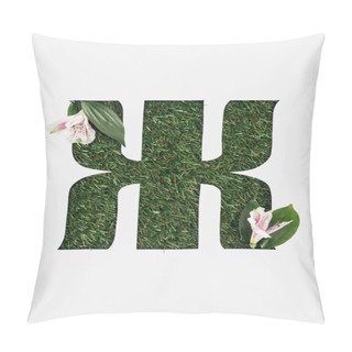 Personality  Top View Of Cyrillic Letter With Natural Grass On Background And Alstroemeria Flowers Isolated On White Pillow Covers