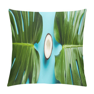 Personality  Top View Of Green Palm Leaves And Coconut Half On Blue Background, Panoramic Shot Pillow Covers
