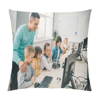 Personality  Happy Young Teacher Helping His Teen Students With Diy Robot On Stem Education Class Pillow Covers