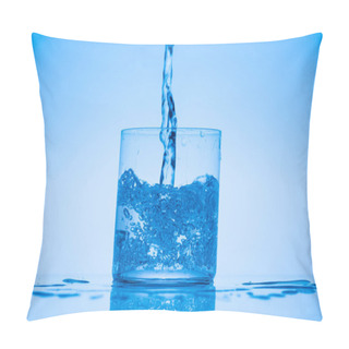 Personality  Toned Image Of Water Pouring In Drinking Glass On Blue Background With Splashes Pillow Covers