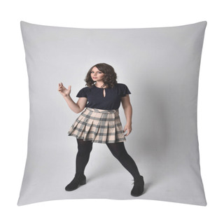 Personality  Full Length Portrait Of Pretty Brunette Woman Wearing Tartan Skirt And Blouse.  Standing Pose On The Ground,  Against A  Studio Background. Pillow Covers