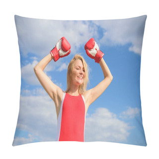 Personality  Girl Boxing Gloves Symbol Struggle For Female Rights And Liberties. Feminism Promotion. Fight For Female Rights. Girl Leader Promoting Feminism. Woman Boxing Gloves Raise Hands Blue Sky Background Pillow Covers
