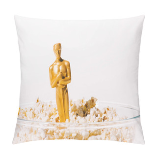 Personality  KYIV, UKRAINE - JANUARY 10, 2019: Shiny Oscar Award In Popcorn Bowl Isolated On White With Copy Space Pillow Covers