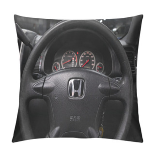 Personality  Novosibirsk/ Russia  April 02 2020: Honda CR-V ,Auto Interior: Steering Wheel With Red Logo Honda  And  Speedometer And Tachometer Pillow Covers