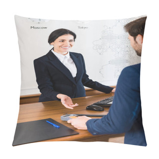 Personality  Cropped View Of Man Paying While Holding Credit Card Near Happy Receptionist In Hotel  Pillow Covers