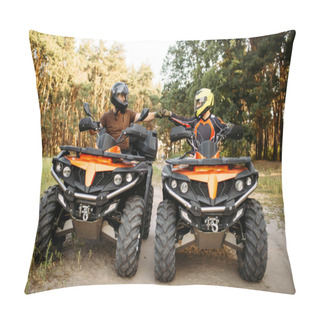 Personality  Two Atv Riders In Helmets Hits Fists For Good Luck Before Dangerous Extreme Offroad Riding, Front View, Summer Forest On Background. Freeriding On Quad Bike, Quadbike Adventure Pillow Covers
