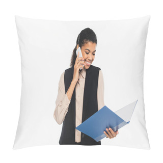 Personality  Cheerful African American Businesswoman Talking On Mobile Phone And Holding Paper Folder Isolated On White  Pillow Covers