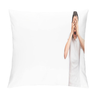 Personality  Horizontal Concept Of Scared Young Woman In White T-shirt Covering Face Isolated On White  Pillow Covers