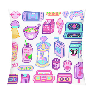 Personality  Pixel Art 8 Bit Objects. Retro Digital Game Assets. Set Of Pink Fashion Icons. Vintage Girly Stickers. Arcade Computer Video. Characters Dinosaur Pony Rainbow. Pillow Covers