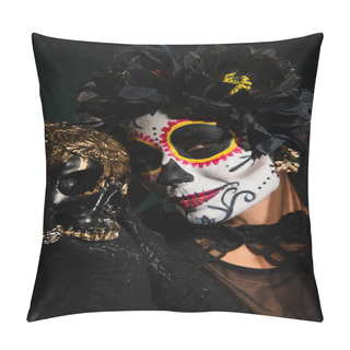Personality  Portrait Of Woman In Halloween Catrina Makeup And Wreath Holding Skull Isolated On Black  Pillow Covers