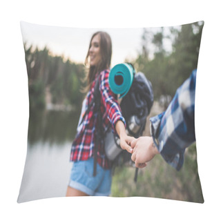 Personality  Woman Guiding Boyfriend To Wild Lake Pillow Covers