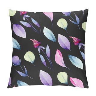 Personality  Watercolor Pastel Leaves And Berries Seamless Pattern, Hand Painted On A Dark Background Pillow Covers