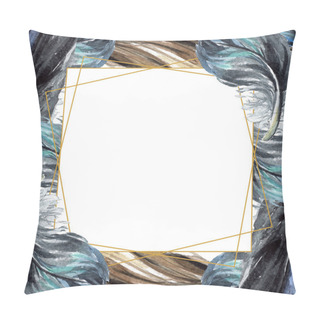 Personality  Black Feathers Watercolor Drawing. Frame Border With Copy Space. Pillow Covers