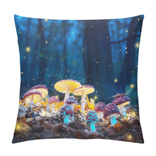 Personality  Mystical Fly Agarics Glow In A Mysterious Dark Forest. Fairytale Background For Halloween. Pillow Covers