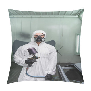 Personality  Young Workman In Protective Uniform Holding Aerograph And Looking At Camera Near Car Part In Garage  Pillow Covers