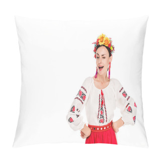 Personality  Brunette Young Woman In National Ukrainian Costume With Hands On Hips Winking Isolated On White Pillow Covers