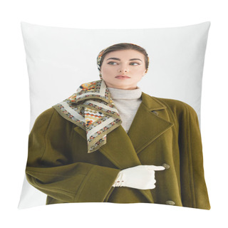 Personality  Woman In Stylish Headscarf And Green Coat Looking Away Isolated On White Pillow Covers