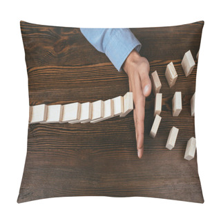 Personality  Top View View Of Man Preventing Wooden Blocks From Falling At Table Pillow Covers