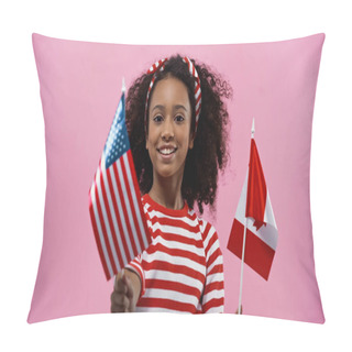 Personality  Happy African American Girl Holding Flags Of America And Canada Isolated In Pink  Pillow Covers
