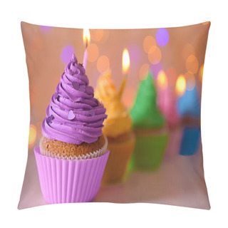 Personality  Cupcake With Purple Cream Icing And Candle Pillow Covers