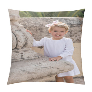 Personality  Positive Toddler Child In Summer Dress Looking At Camera Near Stone Puente Del Mar Bridge In Valencia Pillow Covers