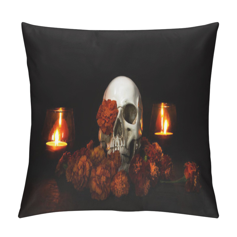 Personality  Skull, Burning candles and orange marigold flowers on black background. Concept of Dia de los muertos day or day of the dead. Dark halloween banner. pillow covers