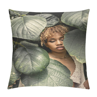 Personality  Trendy Young African American Woman With Makeup Wearing Knitted Top While Standing Near Blurred Green Leaves In Greenhouse, Stylish Woman Enjoying Lush Tropical Surroundings Pillow Covers