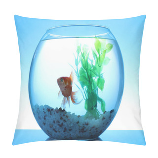 Personality  Beautiful Bright Small Goldfish Swimming In Round Glass Aquarium On Blue Background Pillow Covers