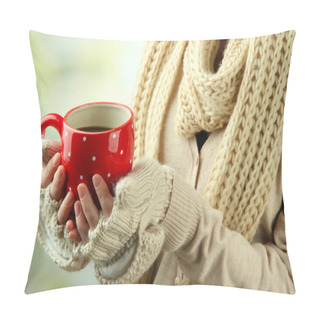 Personality  Female Hands With Hot Drink, On Light Background Pillow Covers