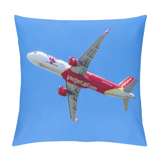 Personality  Ho Chi Minh City, Vietnam - June 6th, 2019: Passenger Airplane Airbus A321 Of VietJet Air Flying Through Sky Take Off From Tan Son Nhat International Airport, Ho Chi Minh City, Vietnam Pillow Covers