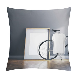 Personality  Photo Interior Modern Studio House With Classic Bicycle.Empty White Canvas On Natural Wood Floor.Blank Tshirt Hanging Bike. Horizontal Mockup. Pillow Covers