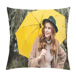 Personality  Attractive Woman In Blue Hat Looking Away And Holding Yellow Umbrella  Pillow Covers