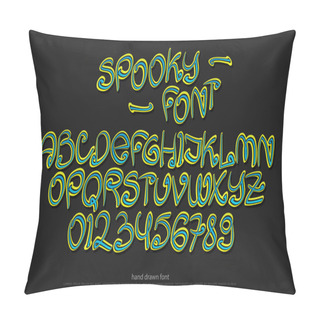 Personality  Cartoon Style Alphabet Letters And Numbers Isolated On Black Background. Vector Spooky, Comic Font Type. Scary Halloween Character Design. Handwritten, Decorative Typesetting Pillow Covers