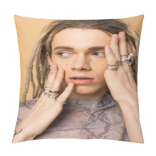 Personality  Portrait Of Tattooed Queer Person With Accessories Looking Away Isolated On Yellow  Pillow Covers
