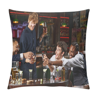 Personality  Happy And Drunk Multiethnic Colleagues Toasting With Glasses Of Whiskey During Bachelor Party In Bar Pillow Covers