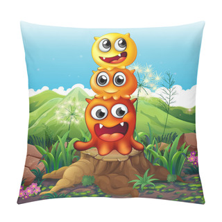 Personality  Three Playful Monsters Above A Stump Pillow Covers