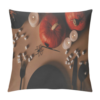 Personality  Top View Of Pumpkins, Black Plate, Fork And Knife With Marshmallows On Table, Halloween Concept Pillow Covers