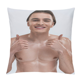 Personality  Cheerful Sexy Shirtless Man Posing With His Thumbs Pointing Up And Smiling Happily At Camera Pillow Covers